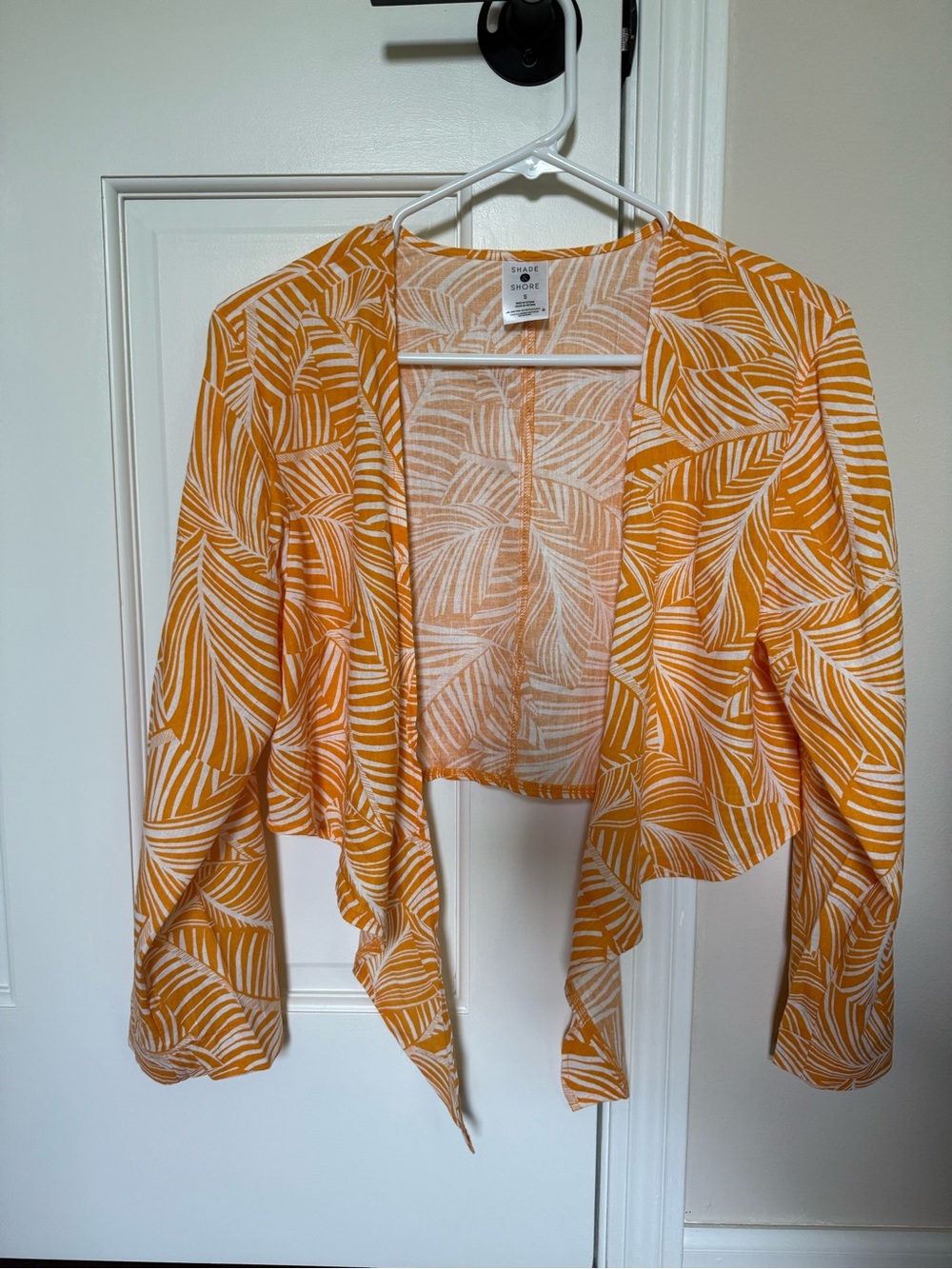 Shade & Shore Orange and White Leaf-Print Front-Tie Top